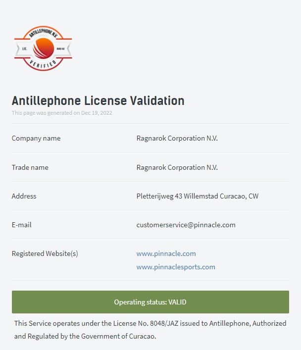 ピナクルカジノのライセンス