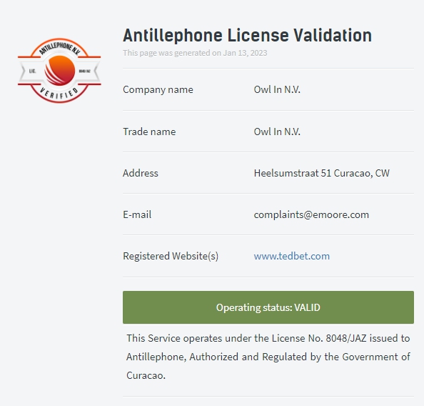 テッドベットカジノのライセンス